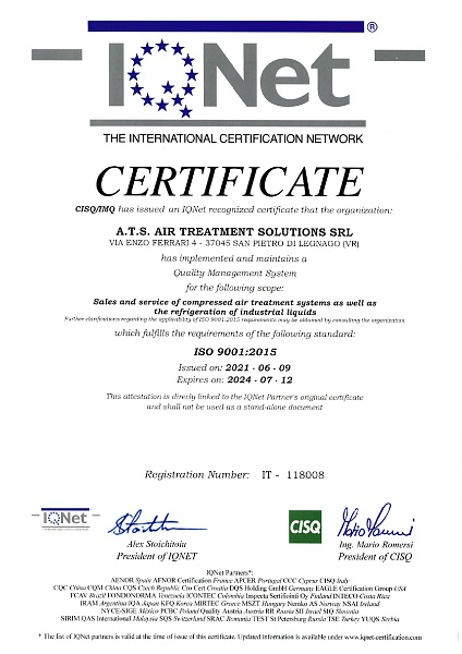 Сертификат IQNet ISO 9001:2015 ATS
